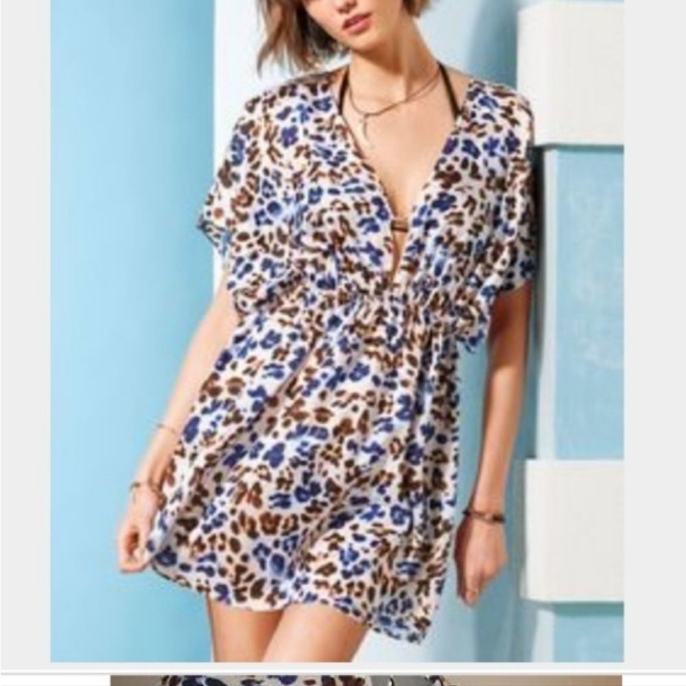 Victoria's Secret S Coverup Dress Swim Bikini Blue Brown Leopard Print 100% Silk